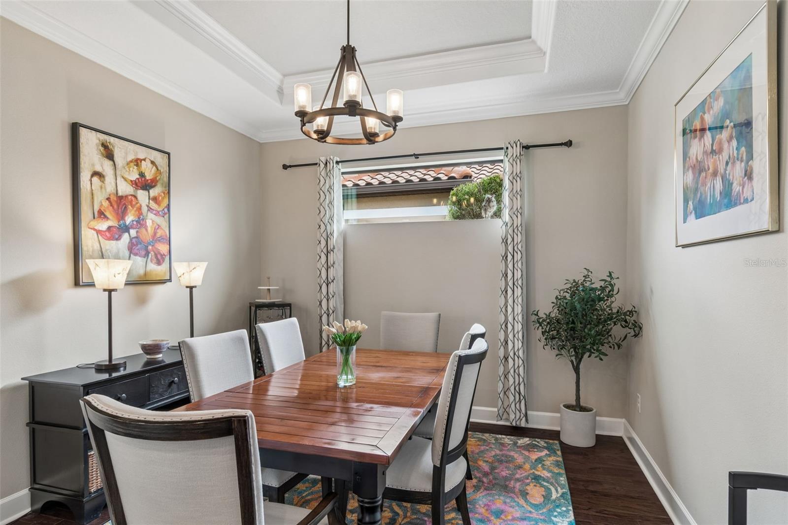 Tray ceiling in dining area for added elegance