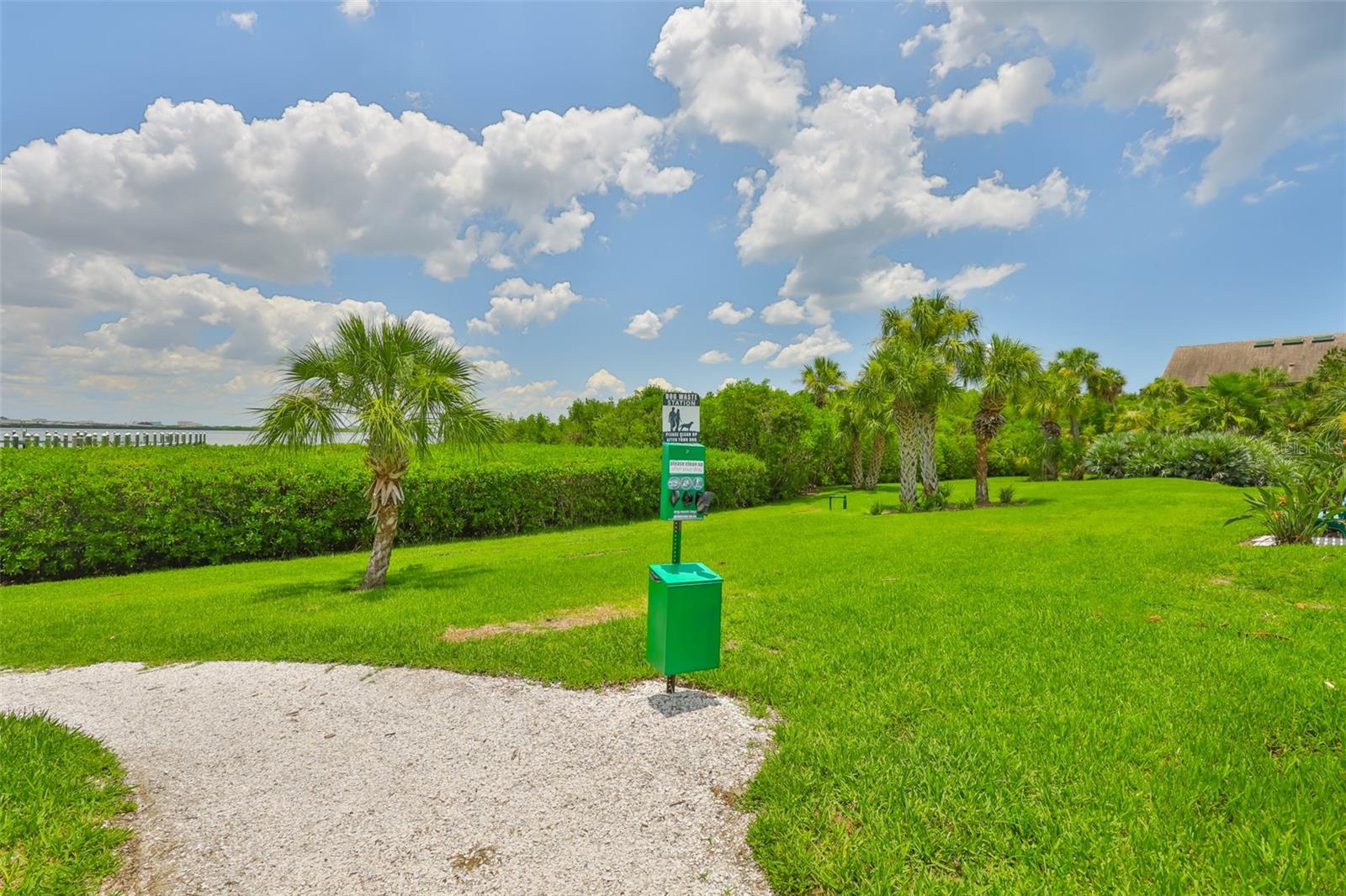 Shelled path to private pier, kayak storage area
