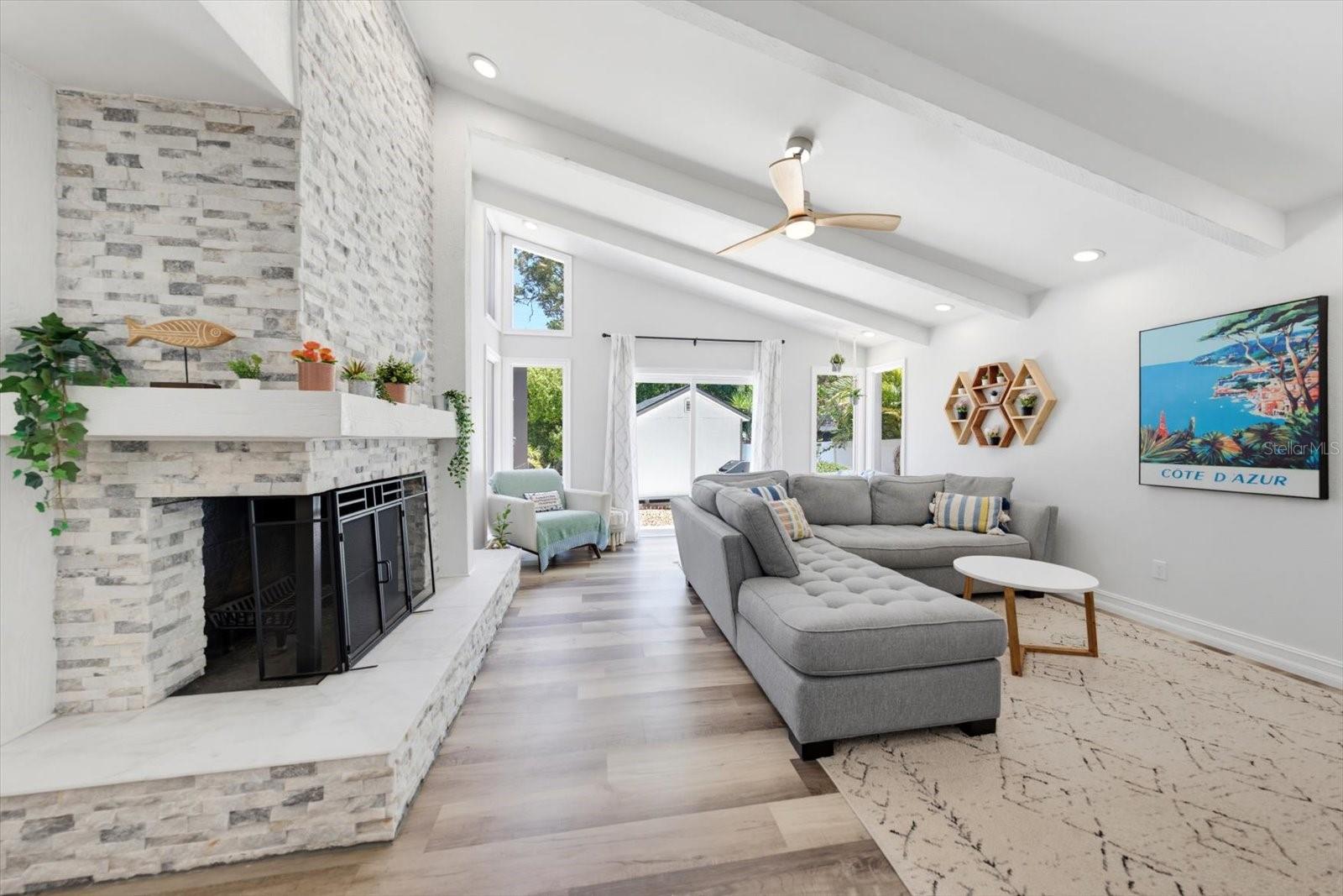 Beautiful stone wood burning Fireplace