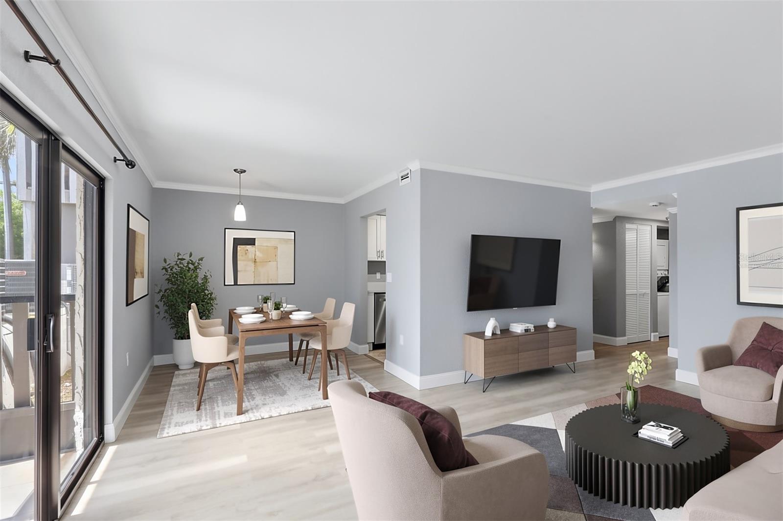Virtually staged living and dining area