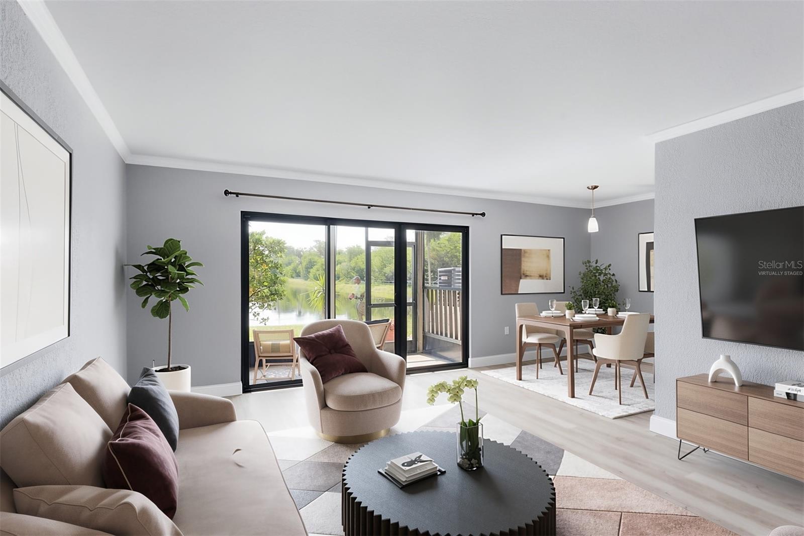 Virtually staged living/dining open floorplan