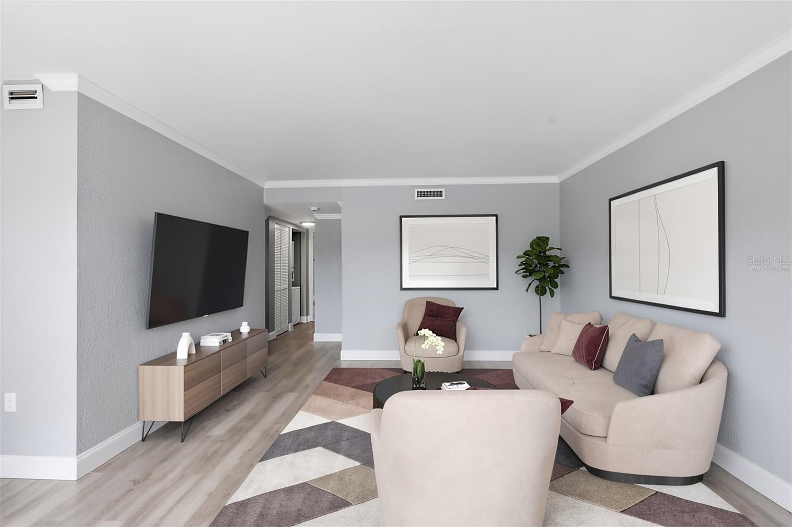Virtually staged Living  room hallway to bath and bedroom