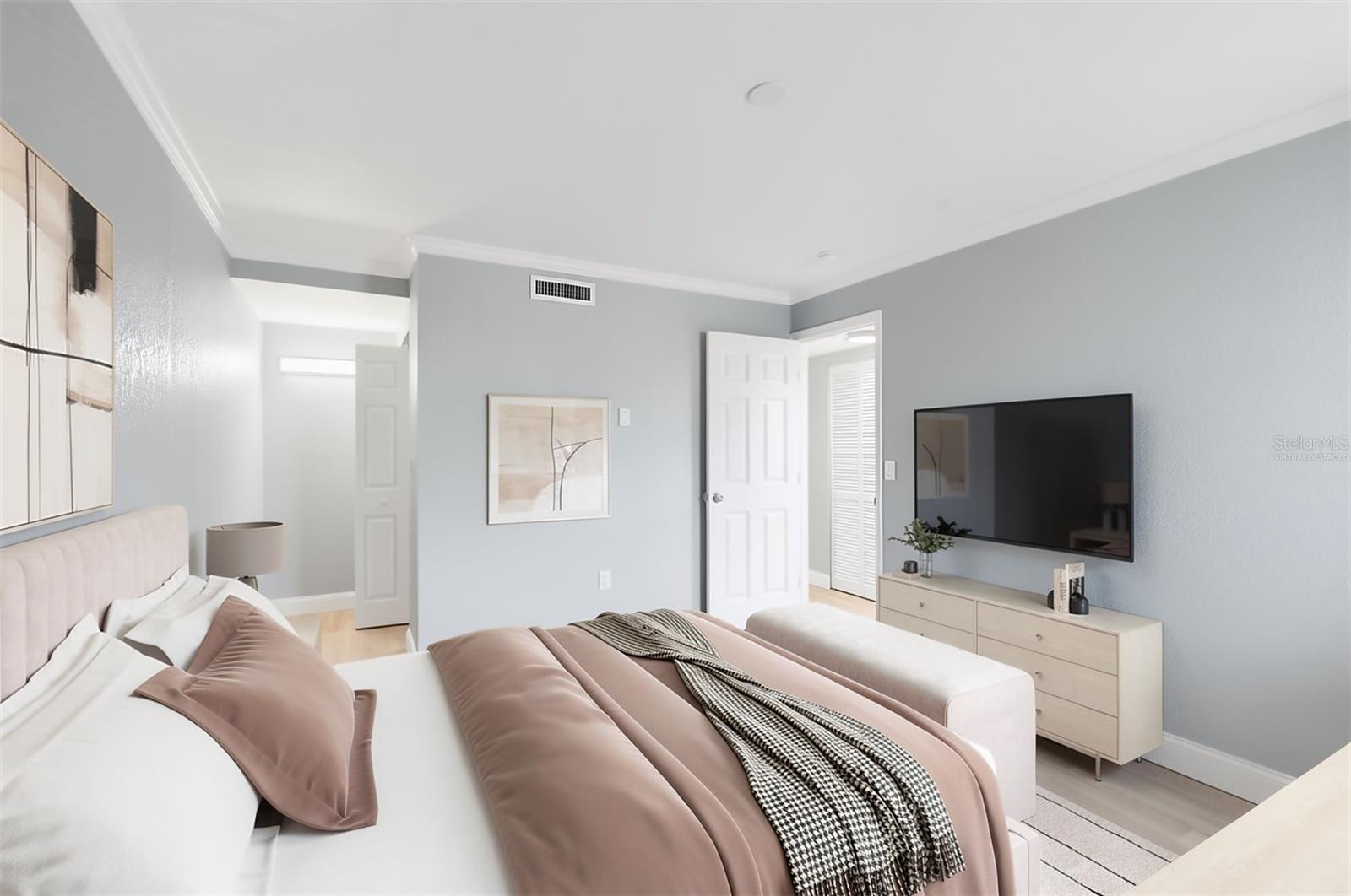 Virtually staged primary bedroom