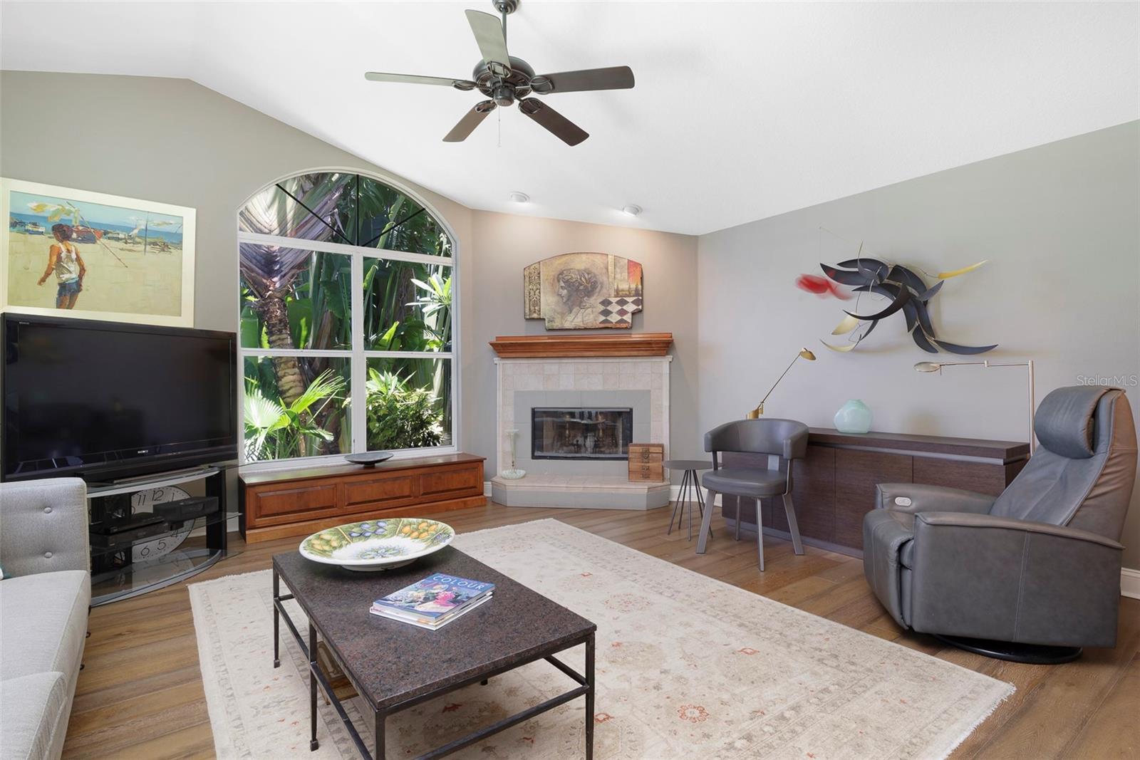 Fireplace & Arched Window