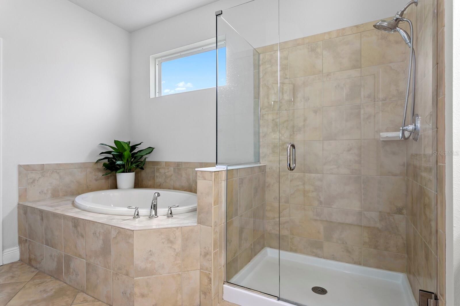 Garden tub and large walk-in-shower with frameless glass enclosure
