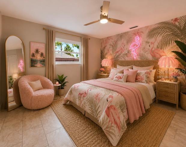 virtually staged flamingo bed room