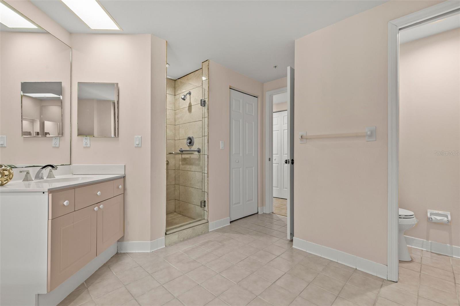 Primary Shower and private toilet area