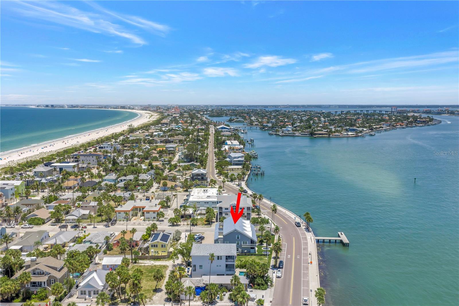 Aerial view-arrow with Moonwater Bay, Pass a Grille Pass and Gulf