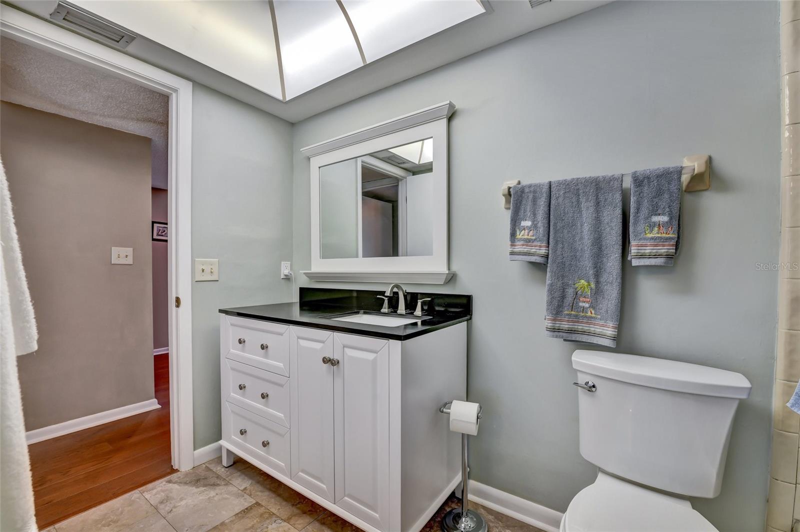 Newer vanity, mirror, and toilet in guest bathroom