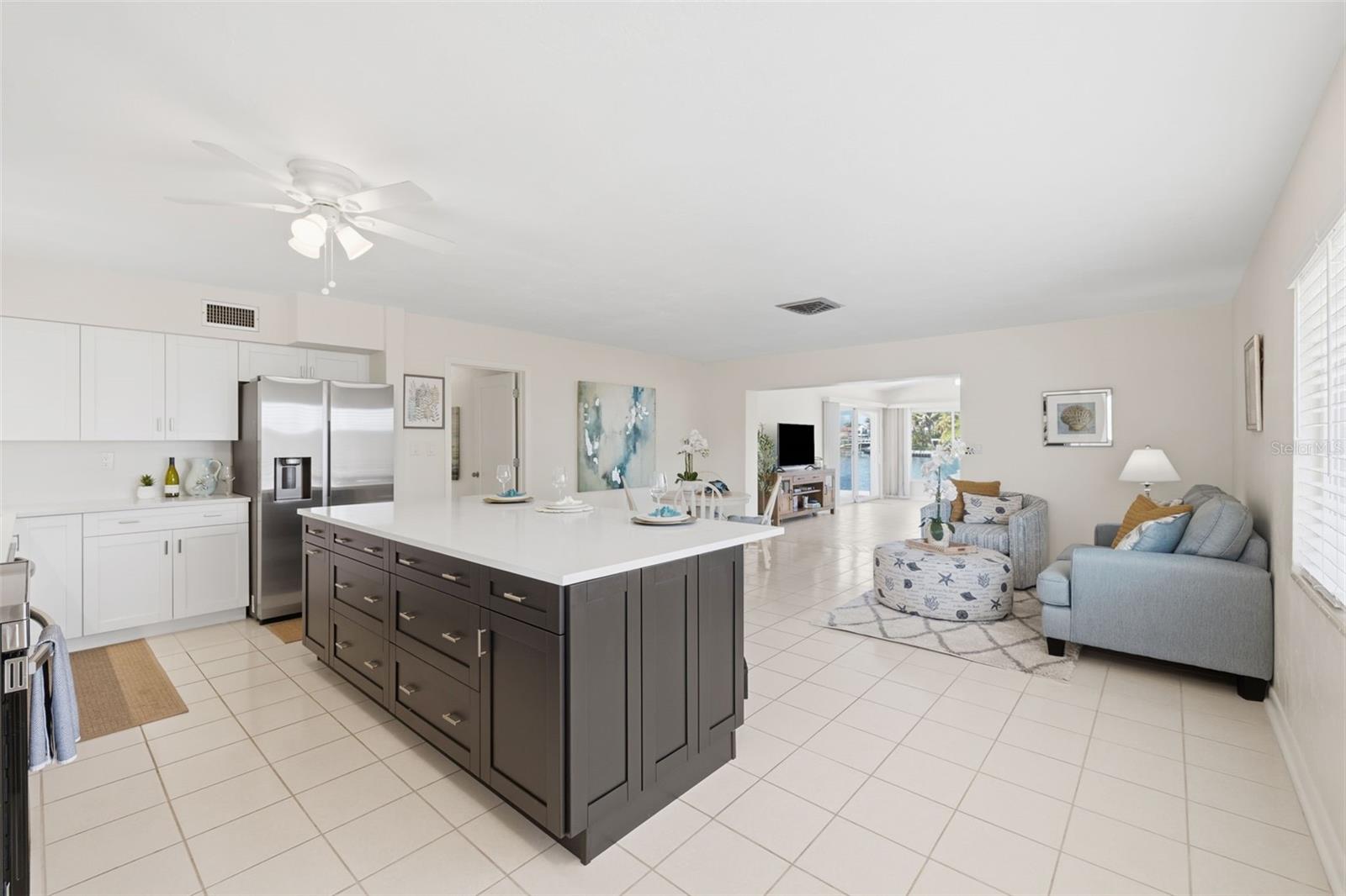 Kitchen View into Dining and Living Area