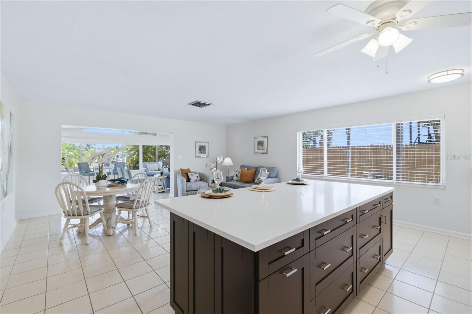 Kitchen View into Dining and Living Area