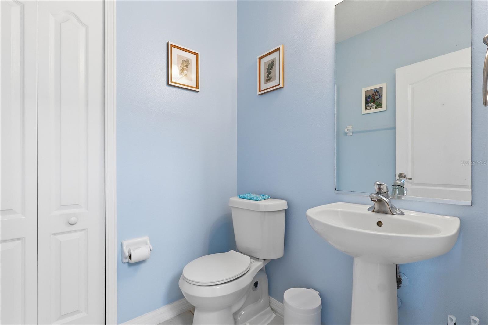 Guest powder room with pedestal sink and soft blue walls