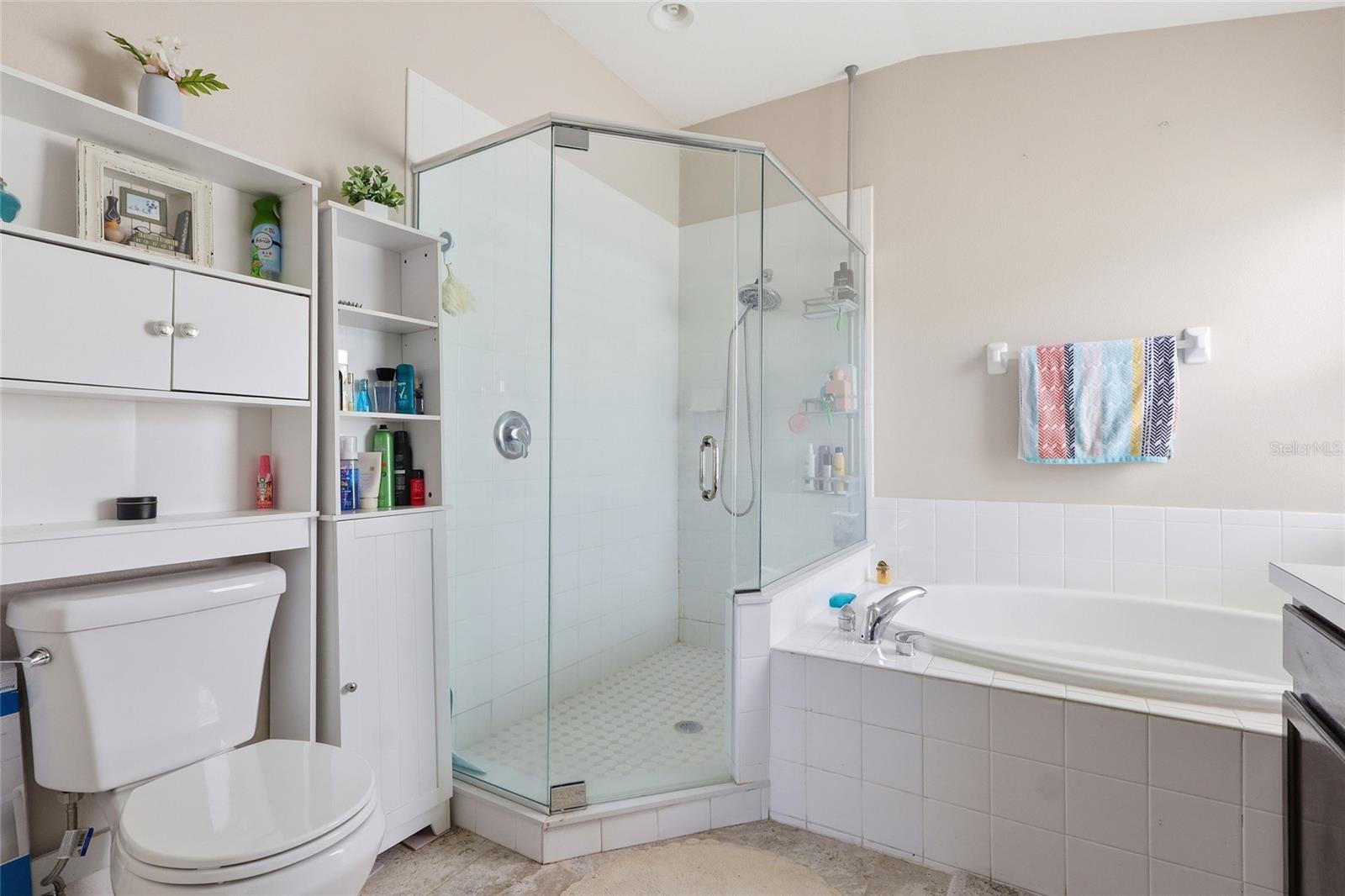 Spa-like primary bath with glass walk-in shower and soaking tub