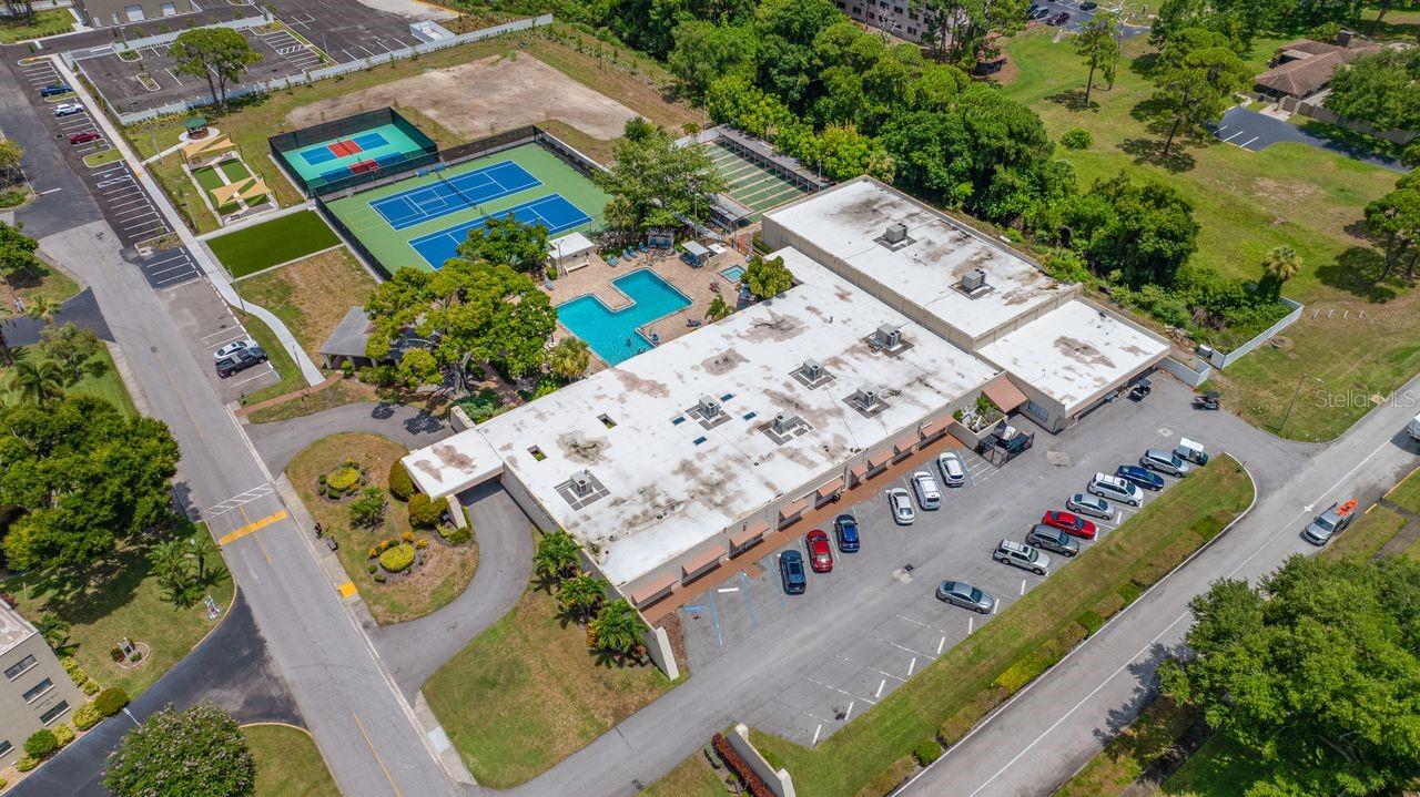 Aerial of Magnolia Sun Center - Pool - Spa - Tennis - Pickleball - Bocce Ball - Shuffleboard
