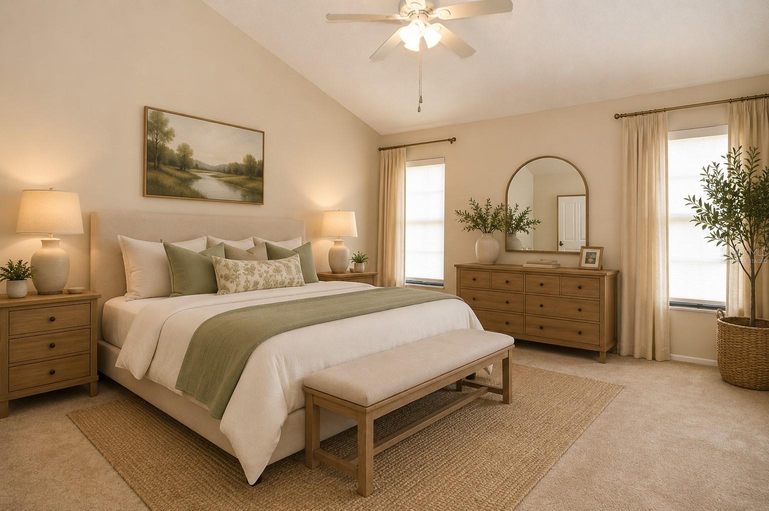 Virtually staged primary bedroom