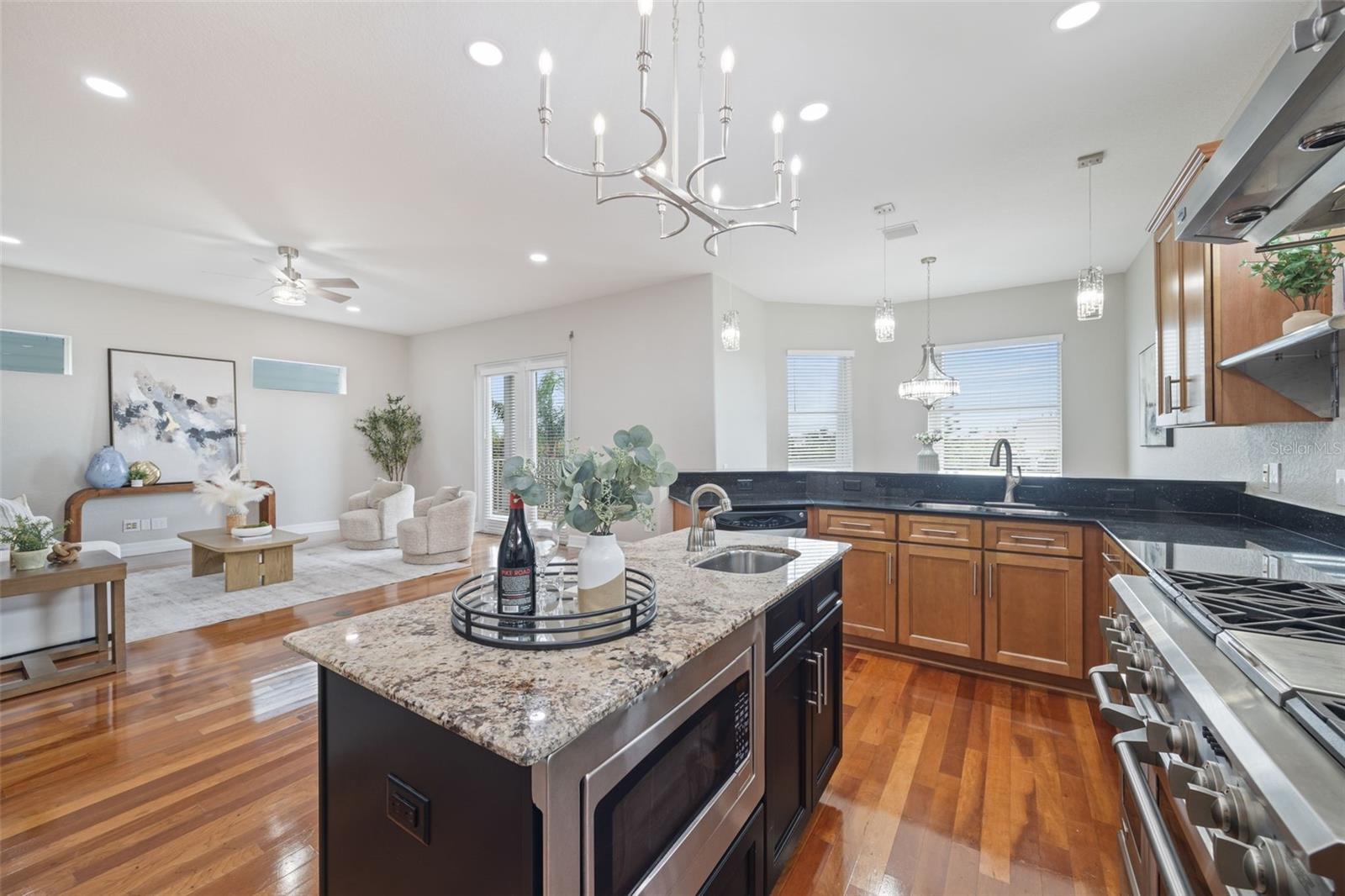 Kitchen island with built-in microwave.