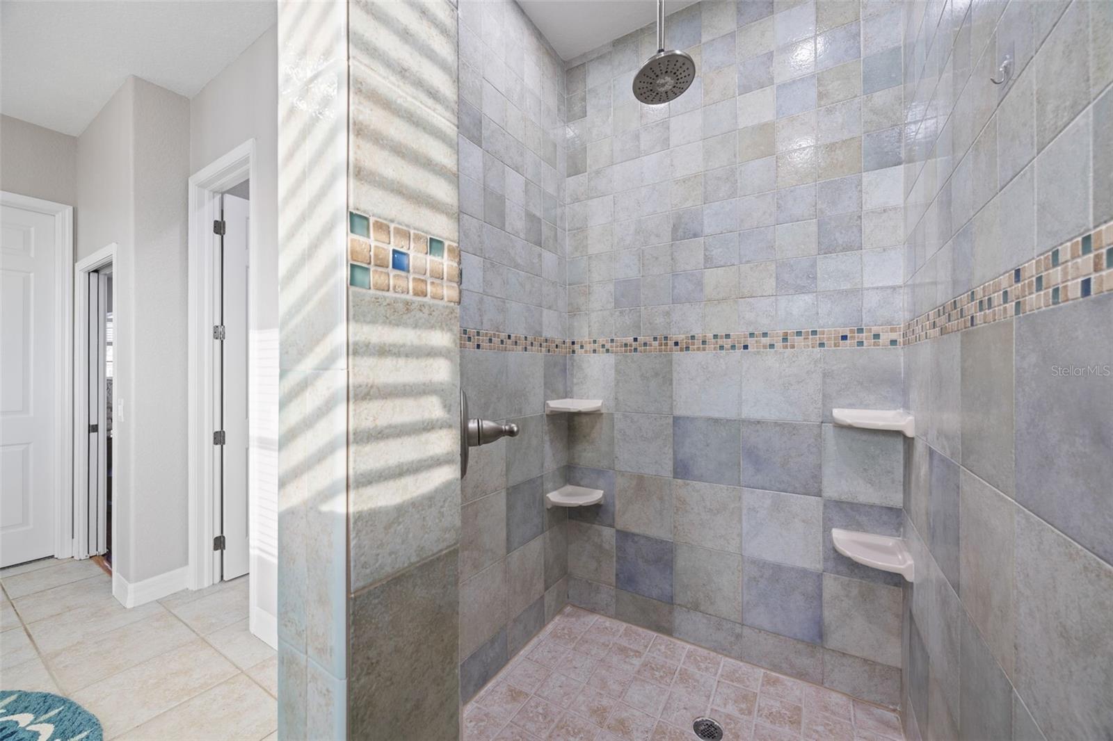 Master bathroom walk-in tiled shower.