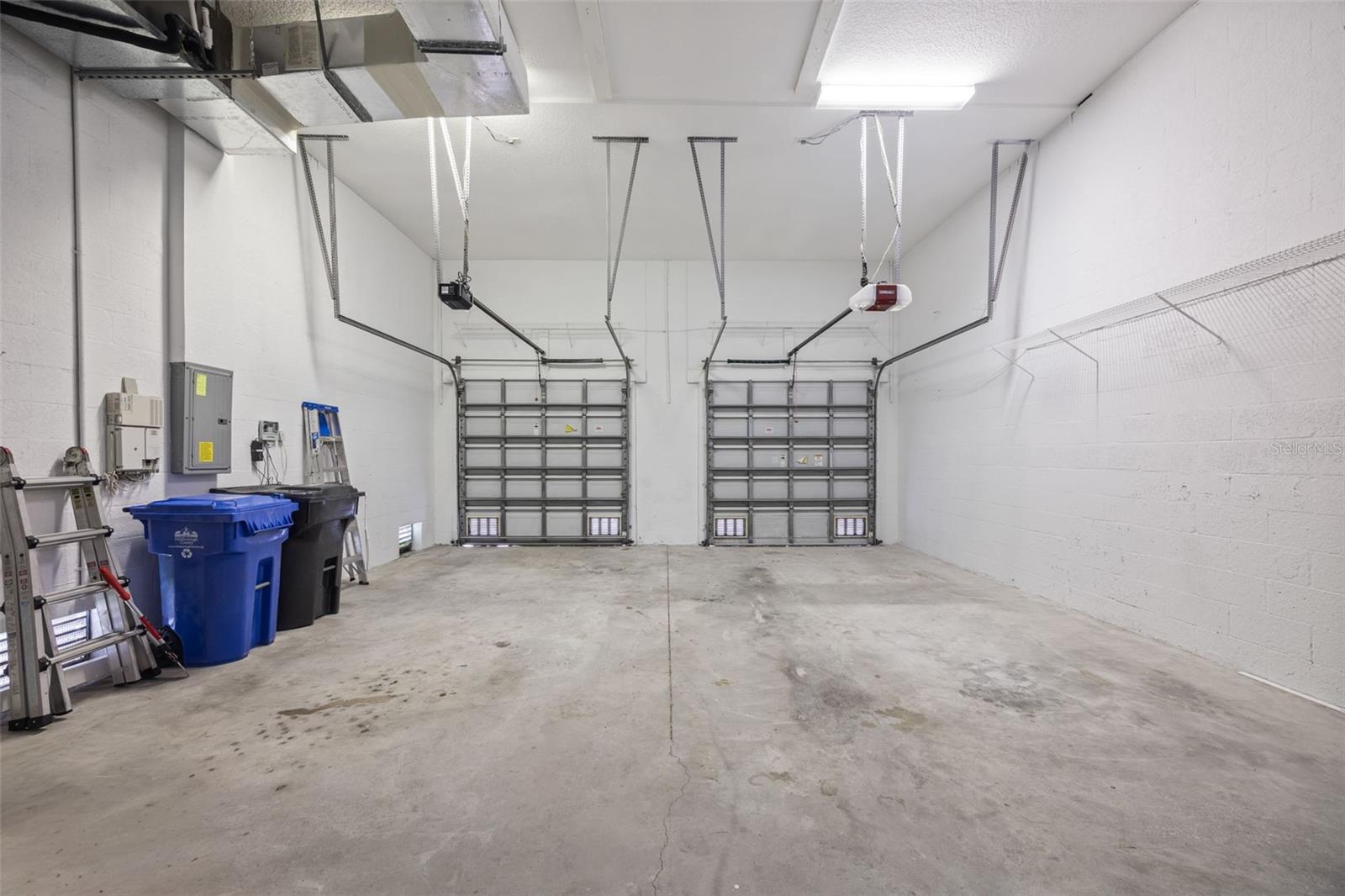Spacious garage with high ceilings.