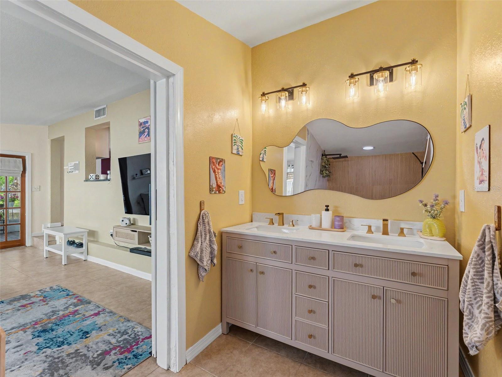 dual vanity into family room