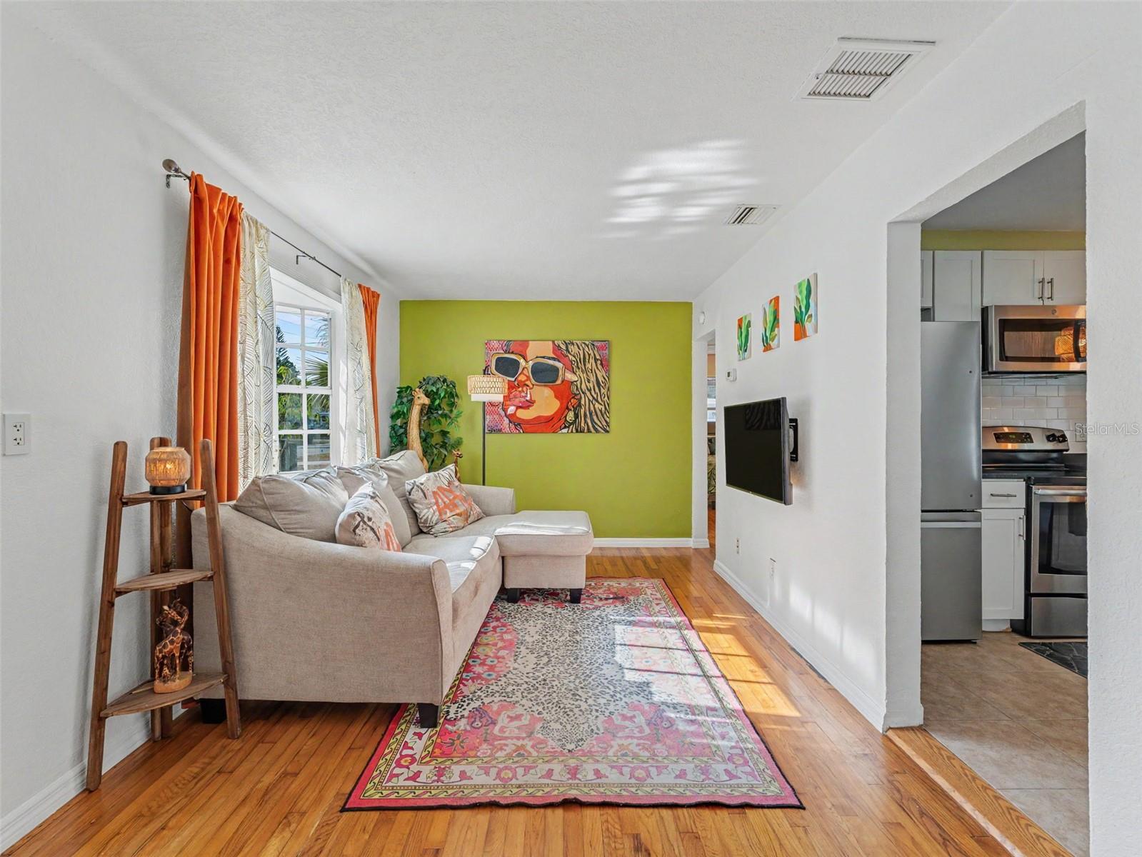 living room into kitchen