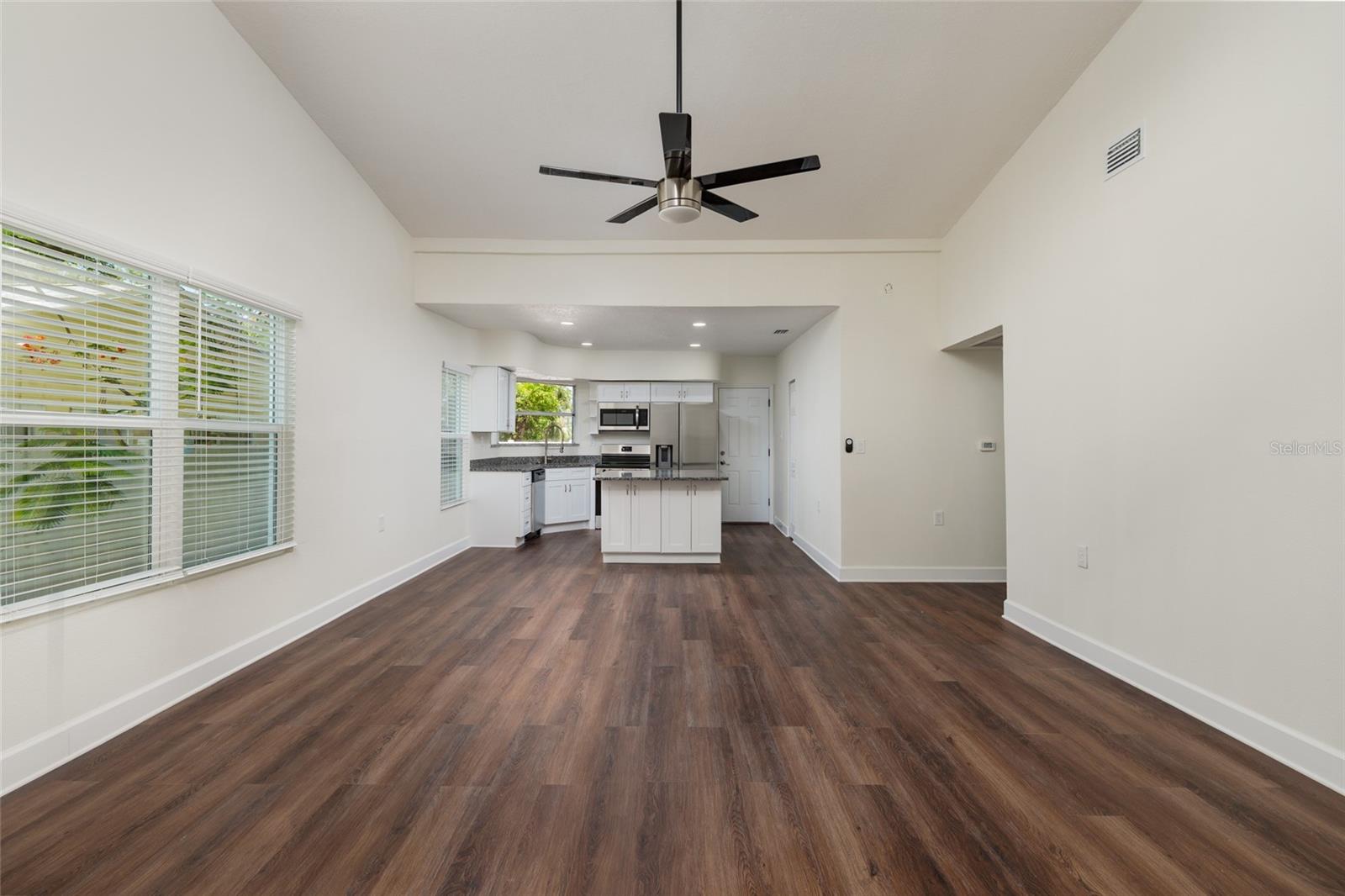Living room to kitchen, garage entry