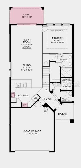 First Floor Plan - Additional Highlights Include: tray ceiling package, pocket sliding glass door out to the lanai, oak stair treads with spindles at the stairs, and kitchen pendant lights