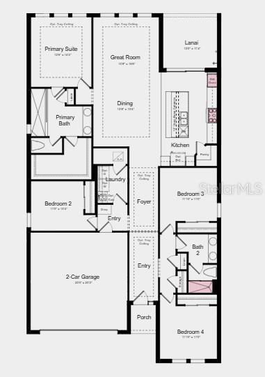 Floor Plan - Additional Highlights Include: tray ceiling package, shower in place of tub in bathroom 2, 8' interior doors, and outdoor kitchen rough-in