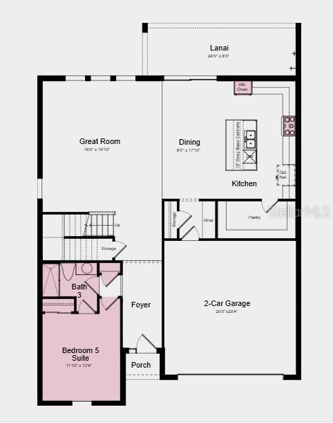 First Floor Plan - Additional Highlights Include: tray ceiling package, shower in place of tub in bathroom 3, outdoor kitchen rough-in, and open rails at stairs.