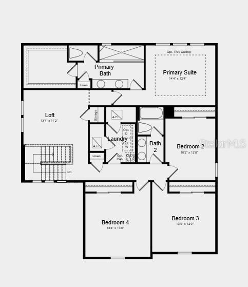 Second Floor Plan - Additional Highlights Include: tray ceiling package, shower in place of tub in bathroom 3, outdoor kitchen rough-in, and open rails at stairs.