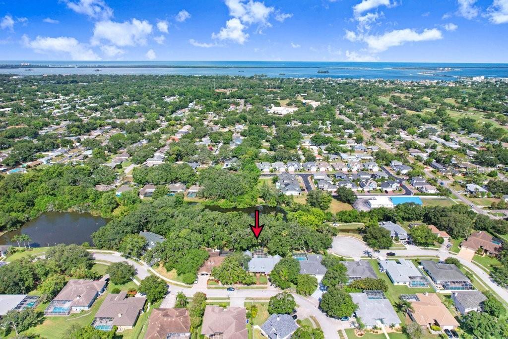 Drone view of property and neighborhood