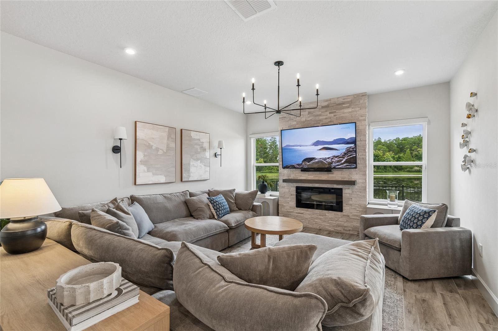 Front View of Living Room With Stunning Fireplace