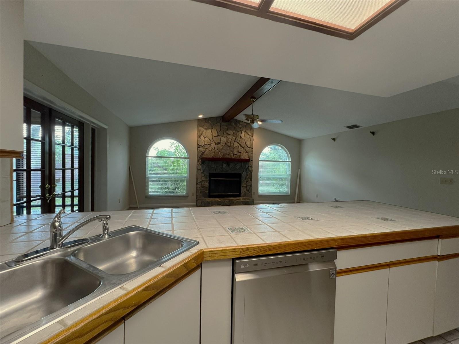 kitchen view - fireplace