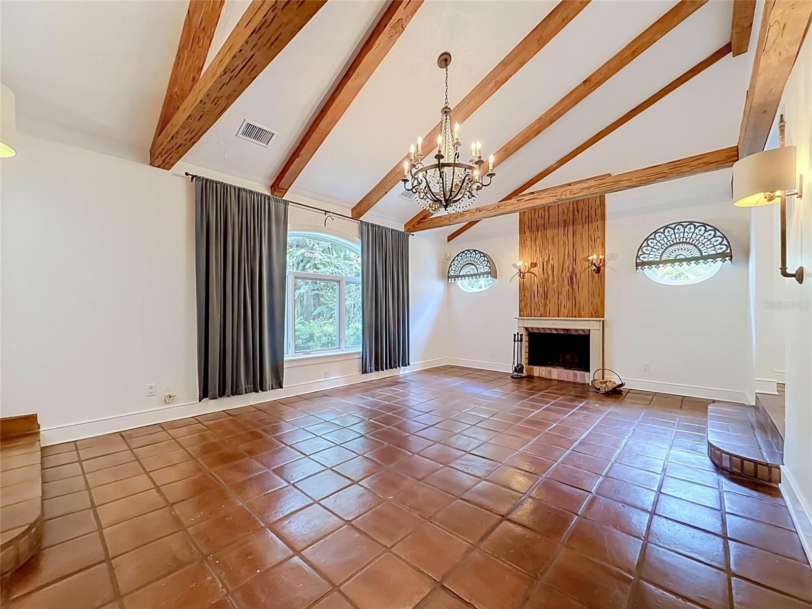 Living Room with wood-burning fireplace