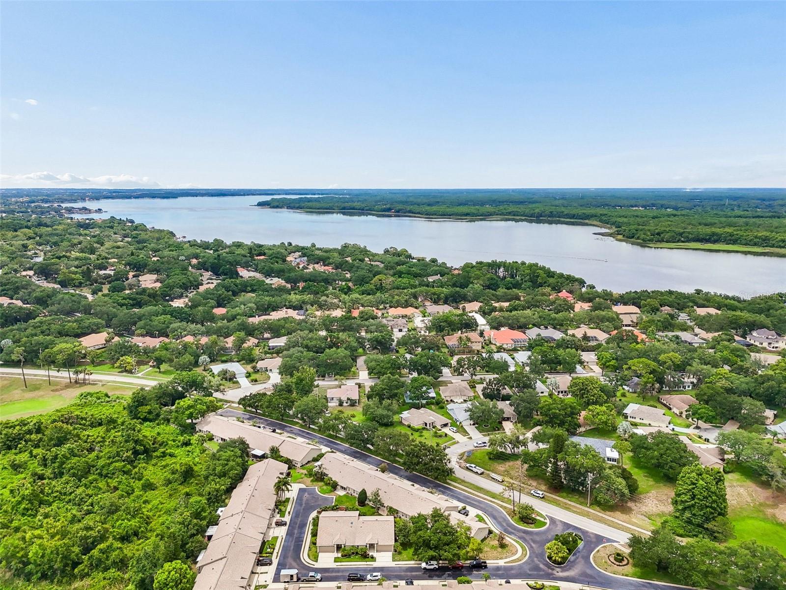 Aerial with home and Lake Tarpon down the road