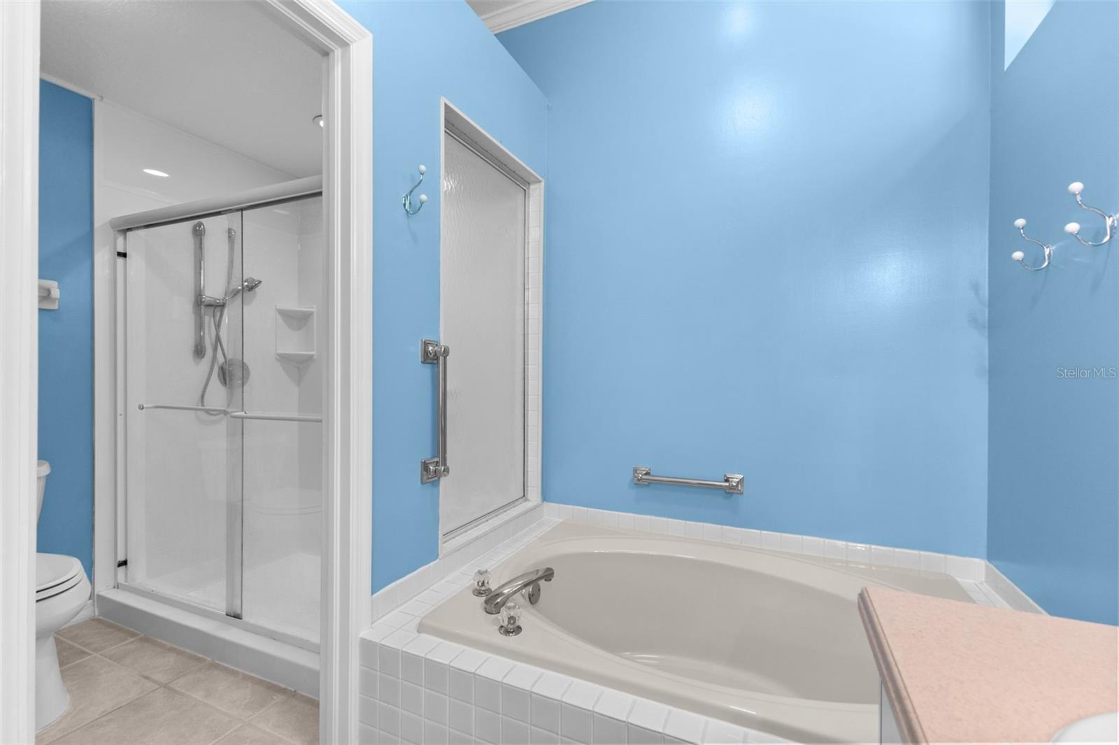 Primary bath features dual vanities, soaking tub, separate shower, and generous storage.