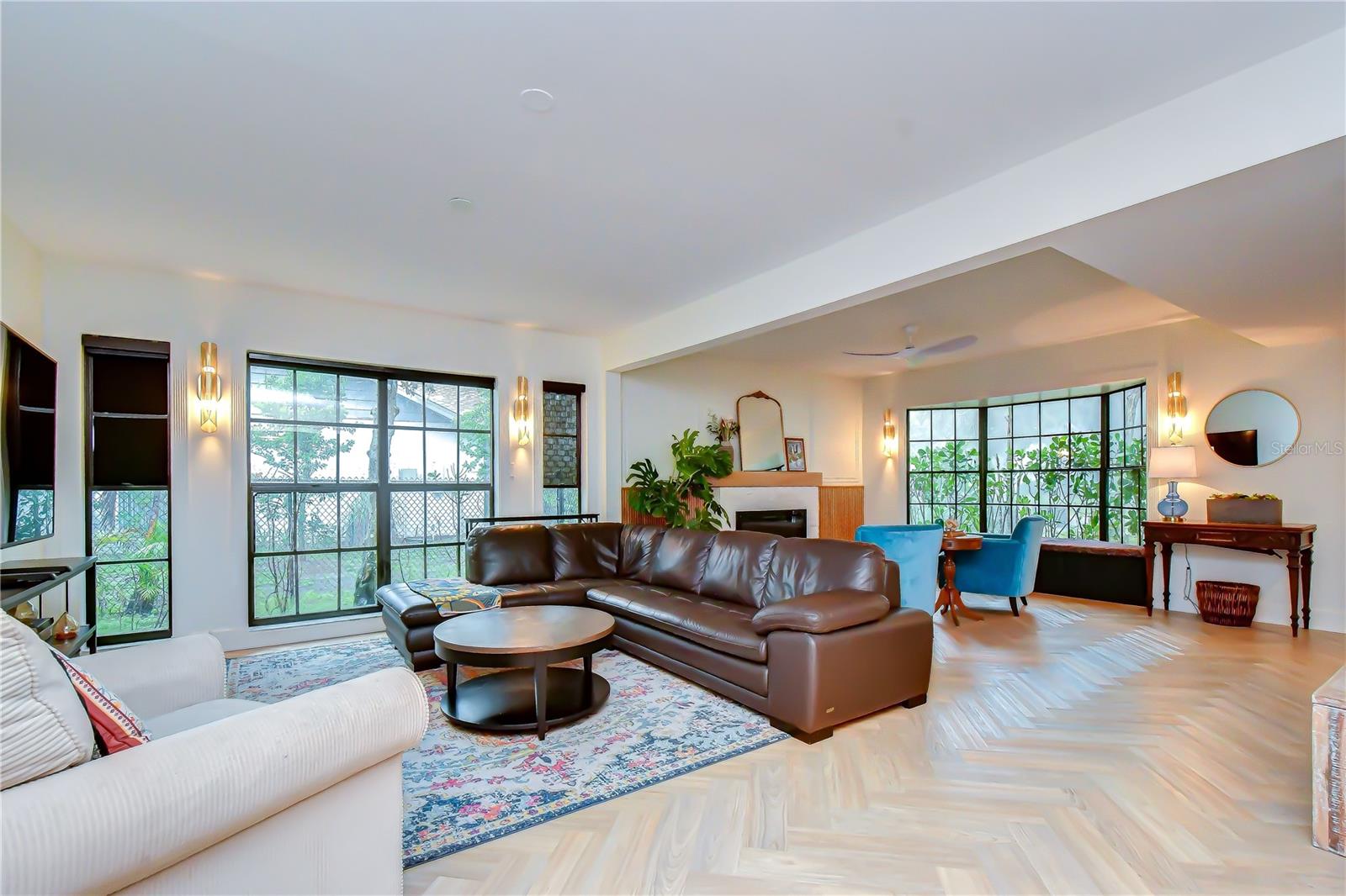 Living room with backyard view