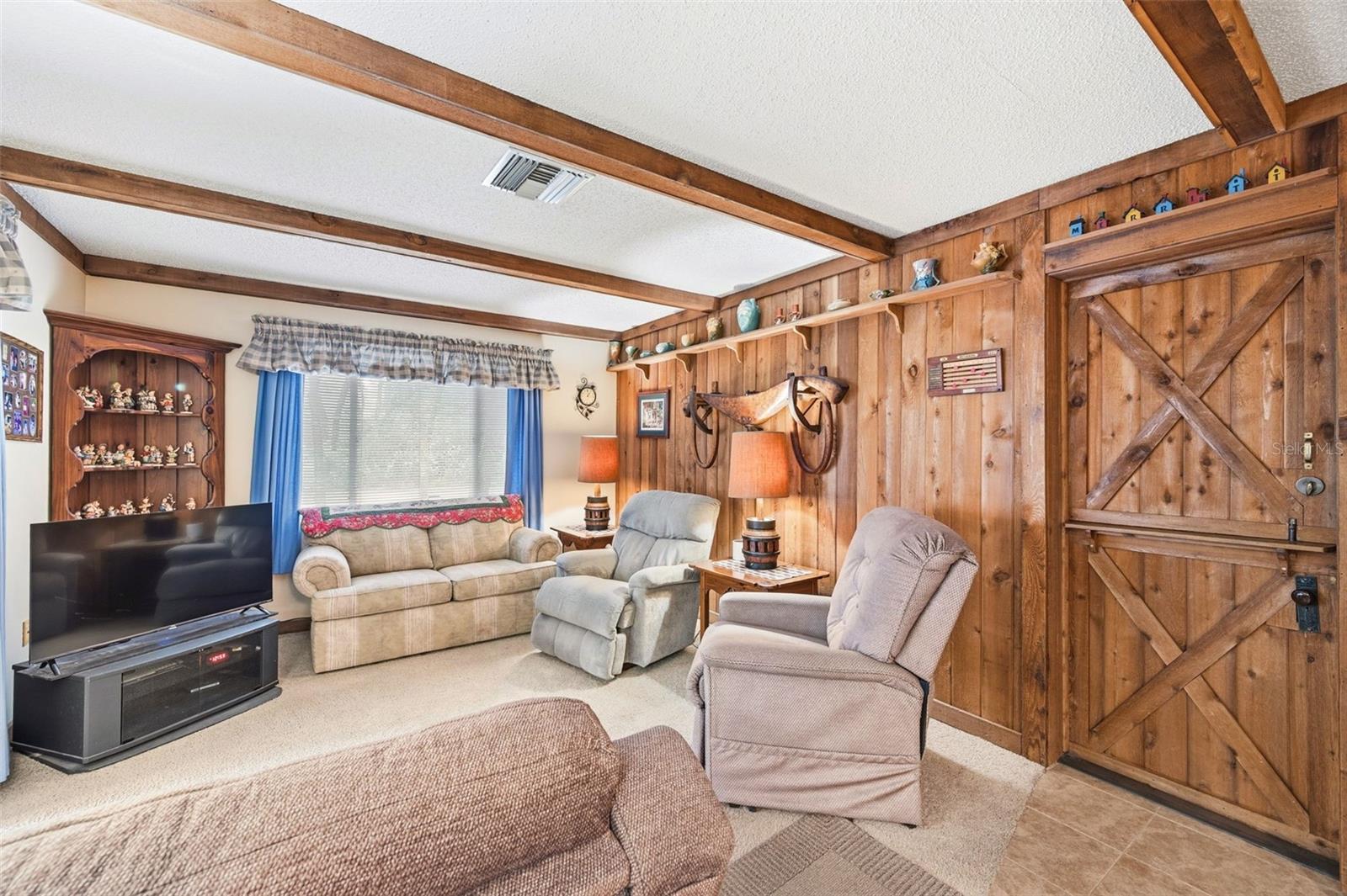 Living room with redwood wall.