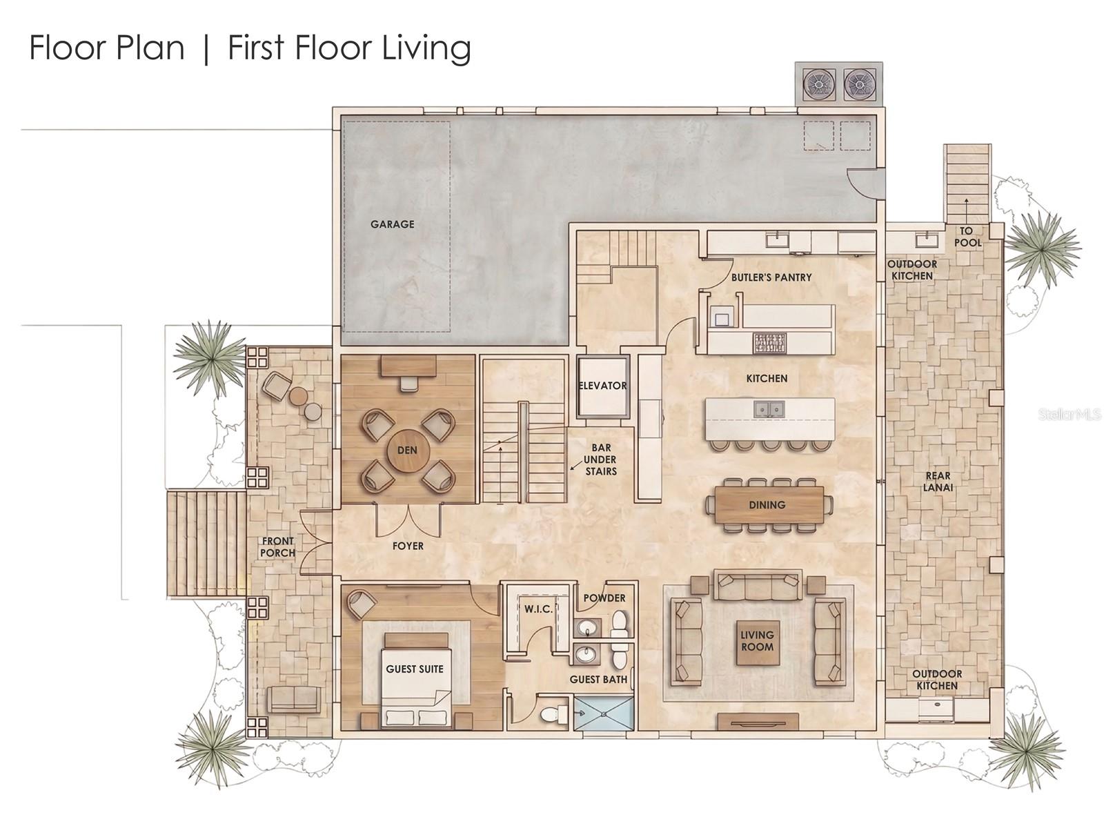 First Floor includes: Main living/dining, Kitchen and Butler Pantry, Office/den, Guest bedroom w en-suite bath, guest half bath