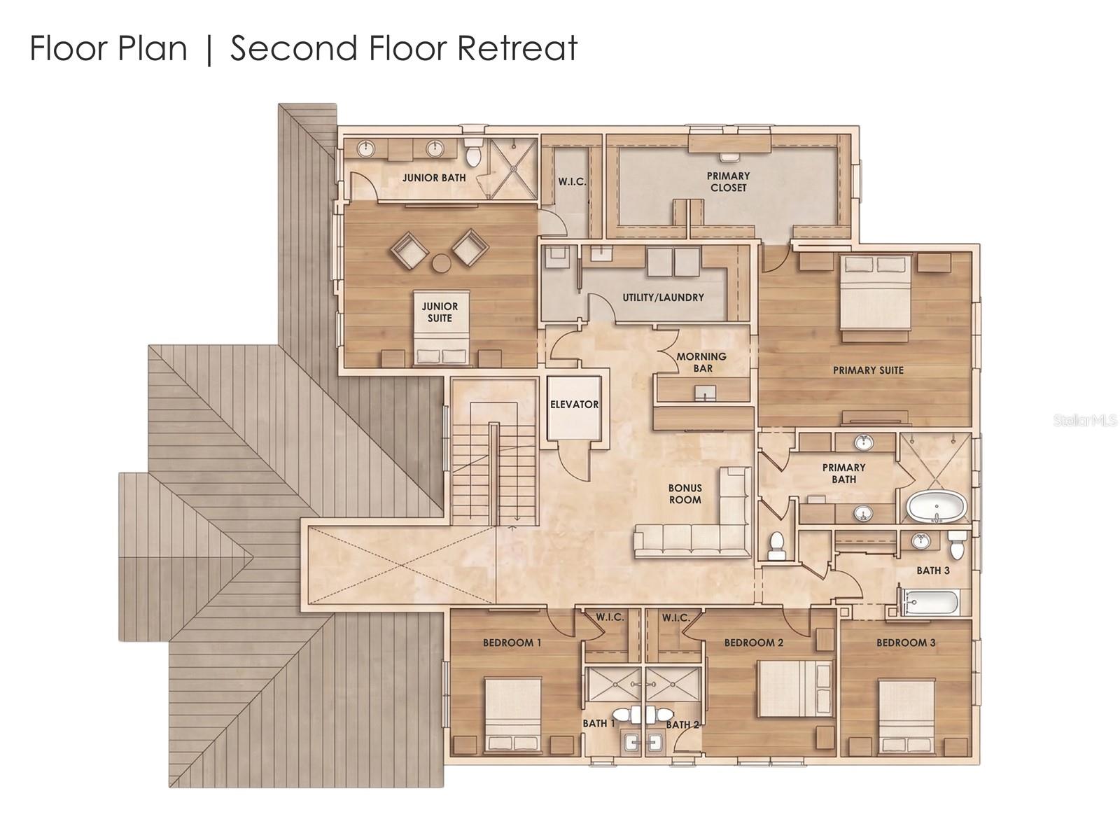 Primary Suite and bath, 2 Jr. Bedrooms w/en-suite baths, 2 additional bedrooms w/en-suite bathrooms, Bonus Room, Laundry Room