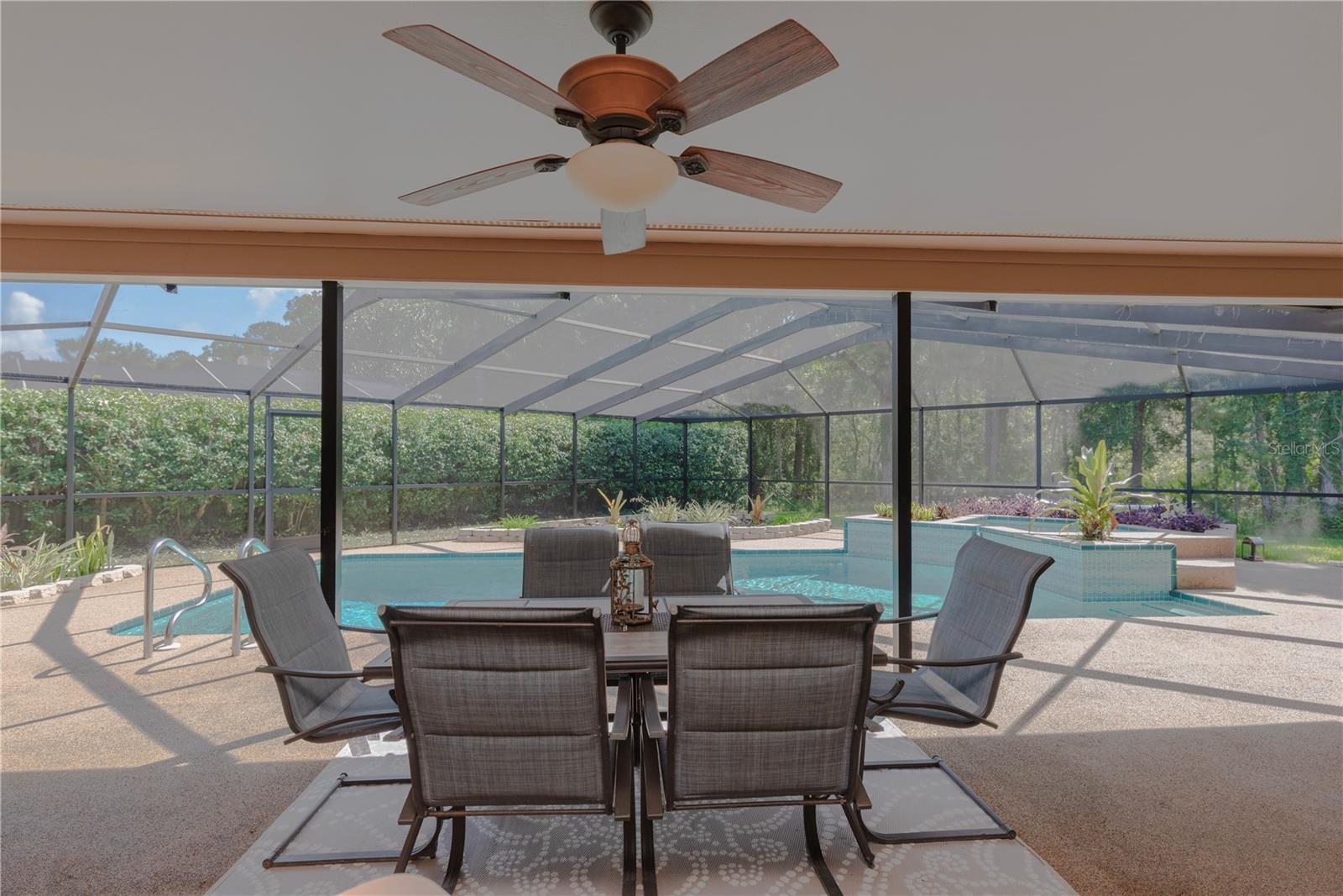 Covered lanai with views to the trees and woods.