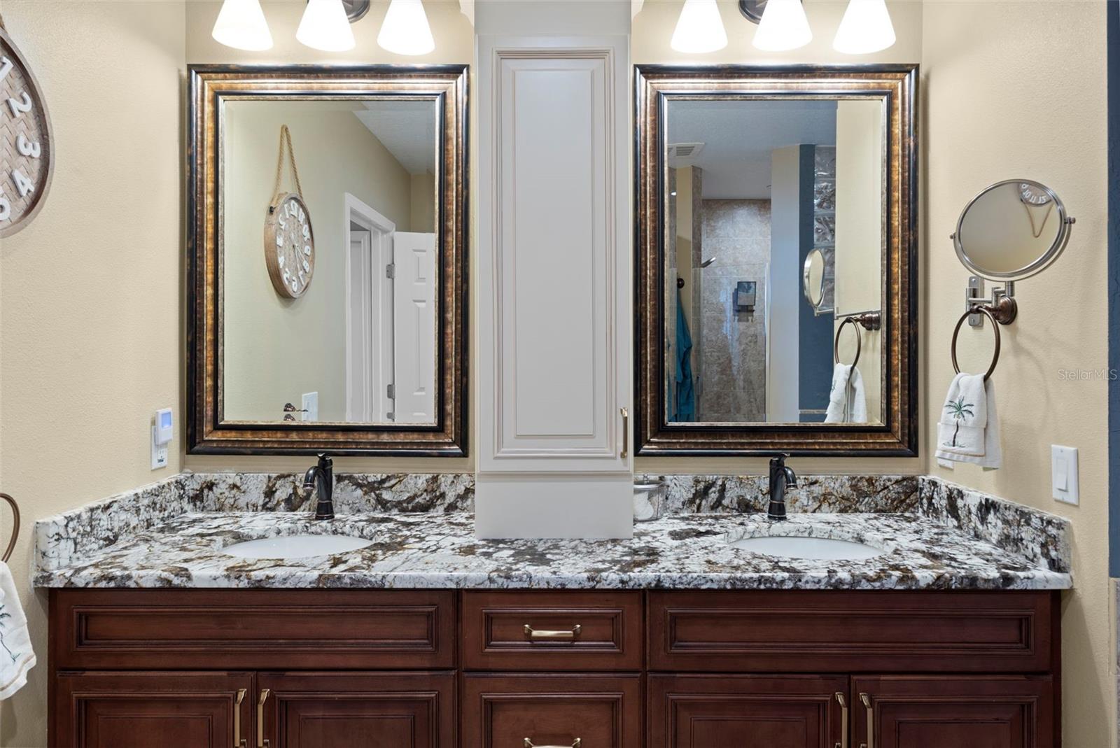 Primary Bath dual vanity with custom storage cabinet