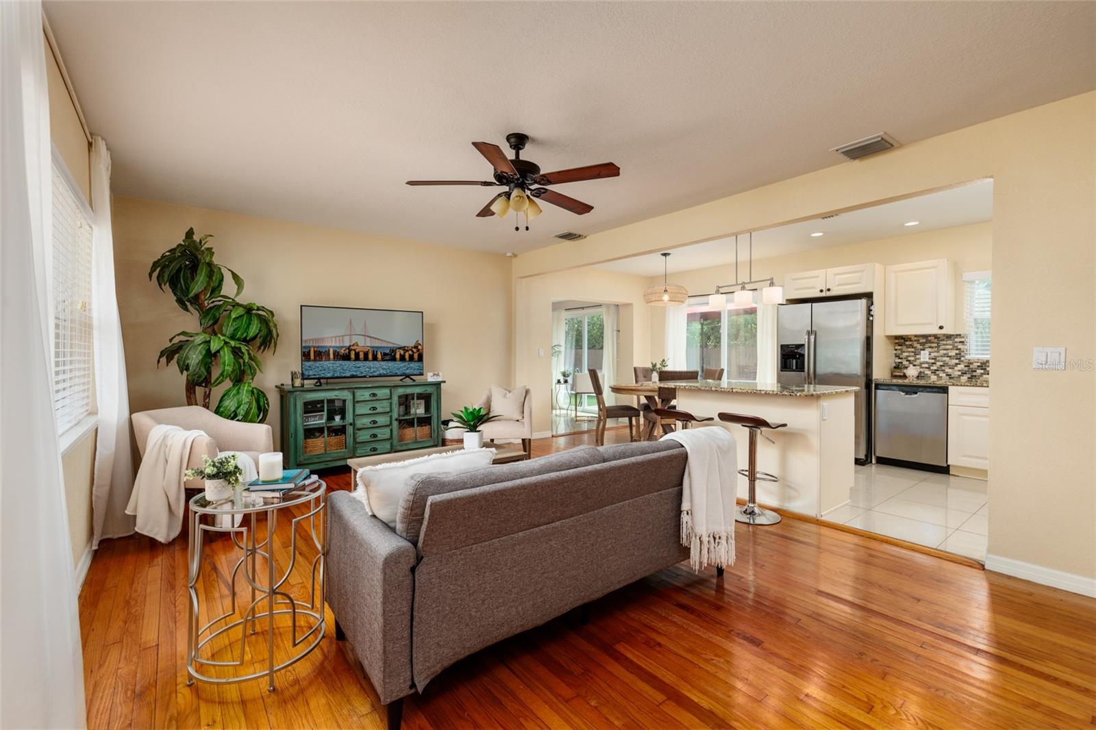 Living Room flows into remodeled Kitchen.