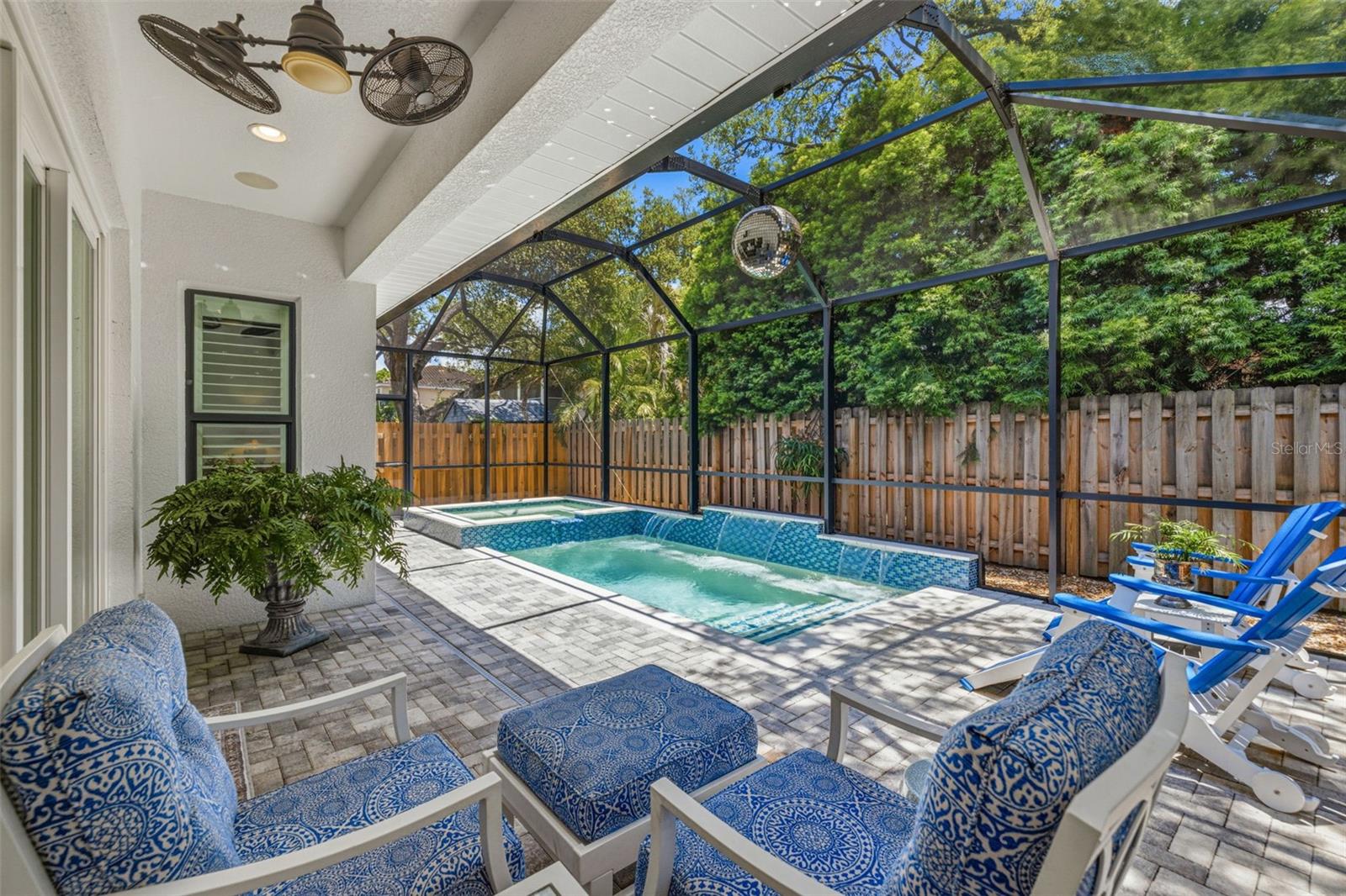 newly added saltwater pool and spa with lighting, waterfall,