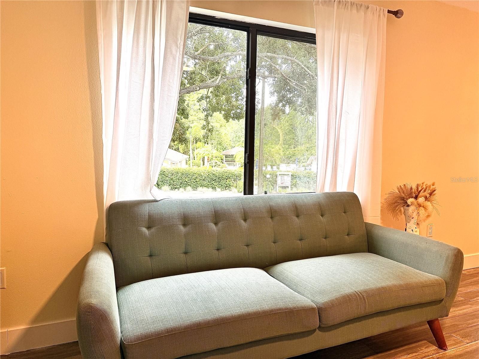 View of pool area from living room