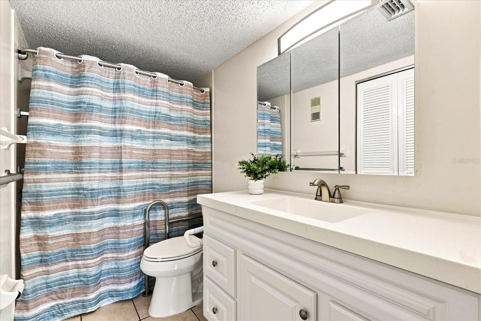 Primary bath: step-in shower with handrails.