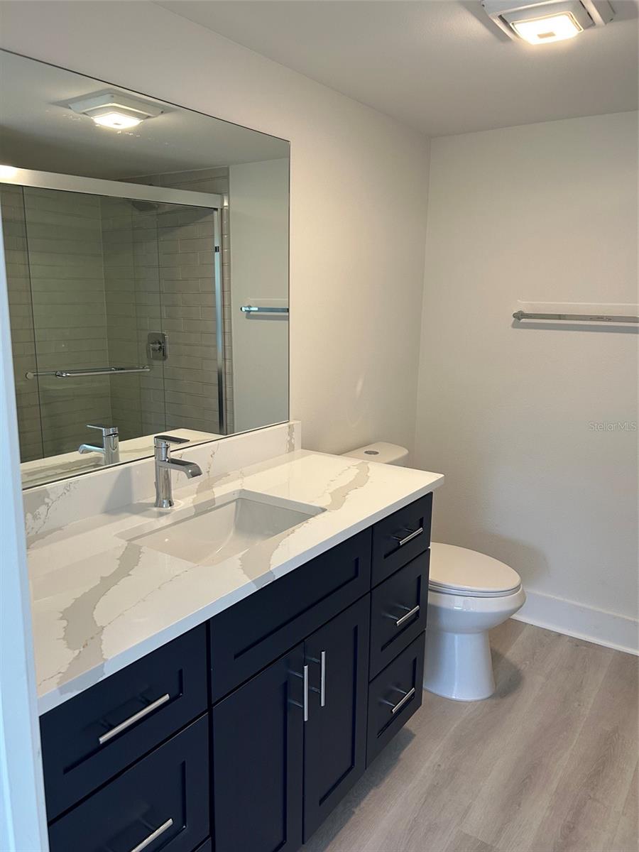 Ensuite bathroom in Primary Bedroom (shower stall reflected in the mirror.