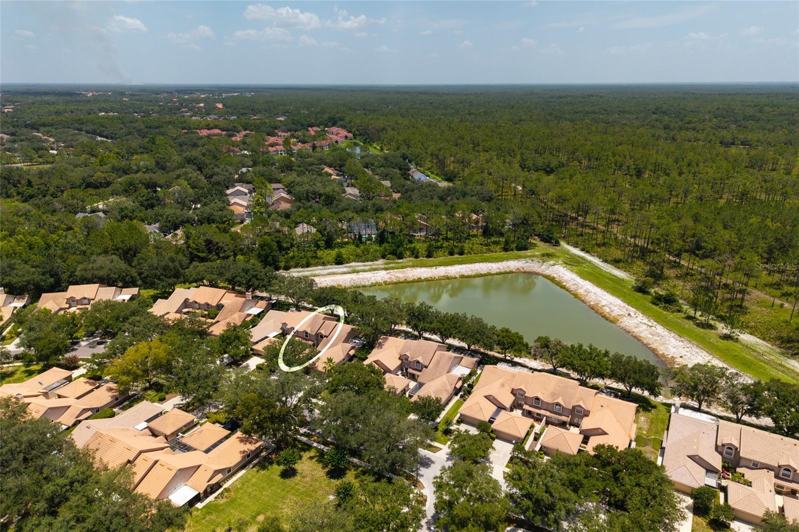 Aerial view lake and neighborhood