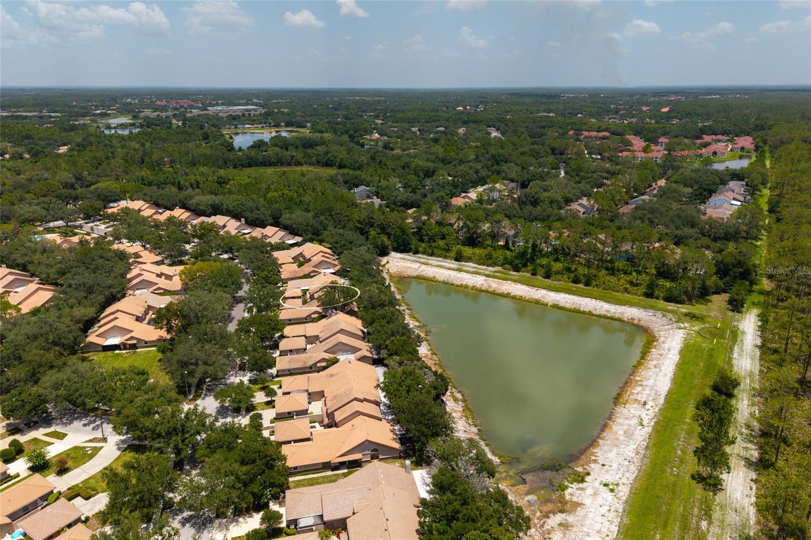 Aerial view lake and neighborhood