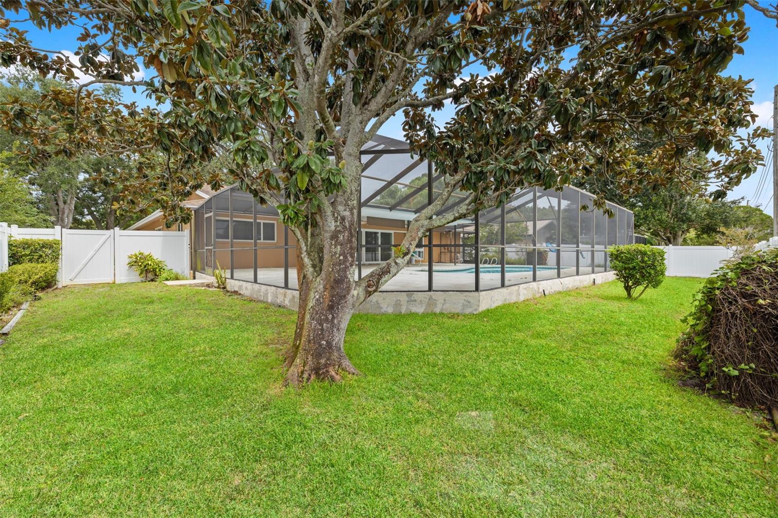 Another view of the backyard showcases the depth of the nearly third-acre lot, framed by mature trees and open lawn on all sides.