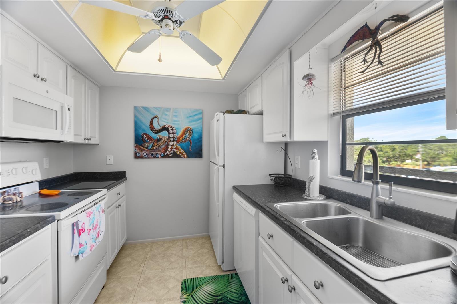 Kitchen has fridge, range,dishwasher, microwave,disposal, and a western view